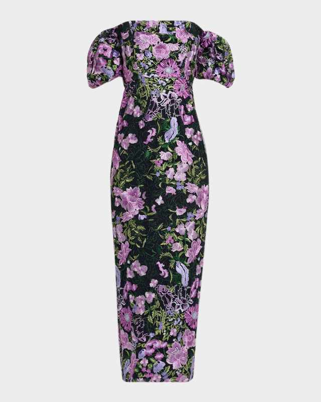 Nene Floral-Embroidered Column Gown